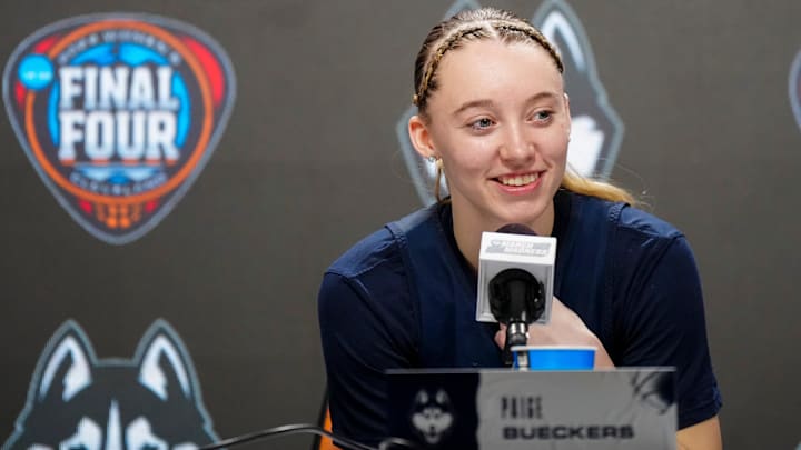 Apr 4, 2024; Cleveland, OH, USA; UConn Huskies guard Paige Bueckers during press conference at Rocket Mortgage FieldHouse. Mandatory Credit: Kirby Lee-Imagn Images