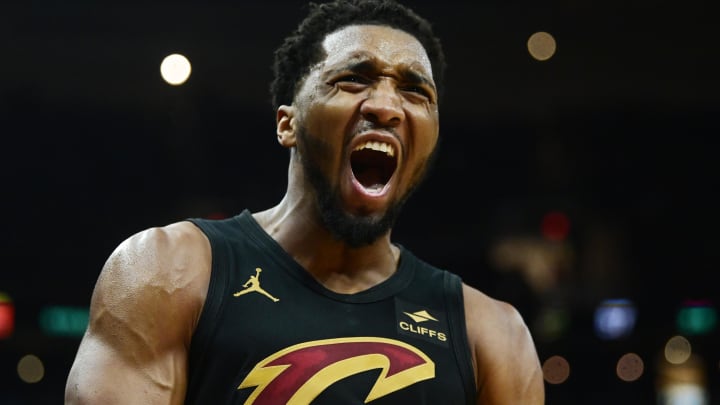 May 5, 2024; Cleveland, Ohio, USA; Cleveland Cavaliers guard Donovan Mitchell (45) reacts after a basket during the second half against the Orlando Magic in game seven of the first round for the 2024 NBA playoffs at Rocket Mortgage FieldHouse. Mandatory Credit: Ken Blaze-USA TODAY Sports