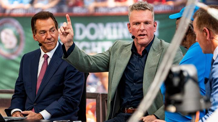 Pat McAfee speaks while delivering picks during ESPN’s College GameDay at The Grove in Oxford, Miss., on Saturday, Sept. 19, 2026. The GameDay visit for the Ole Miss-LSU game marks the return of head coach Lane Kiffin since leaving Ole Miss.