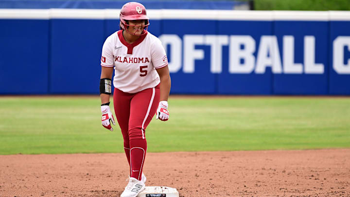 Junior utility player Ella Parker plays against the Mississippi State Bulldogs at Devon Park on April 18, 2025 in Oklahoma City.