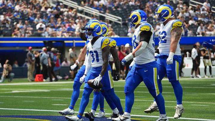 Aug 22, 2026; Inglewood, California, USA; Los Angeles Rams cornerback Al'zillion Hamilton (31) celebrates with teammates after intercepting a pass against the New Orleans Saints in the first half at SoFi Stadium. Mandatory Credit: Kirby Lee-Imagn Images Aug 22, 2026; Inglewood, California, USA; Los Angeles Rams cornerback Al'zillion Hamilton (31) celebrates with teammates after intercepting a pass against the New Orleans Saints in the first half at SoFi Stadium. Mandatory Credit: Kirby Lee-Imagn Images