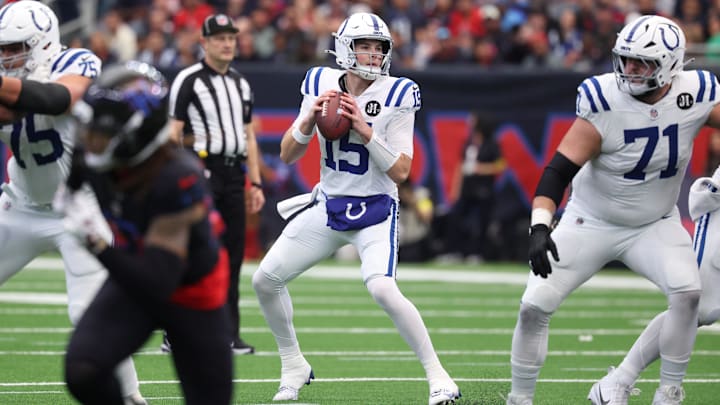 Jan 4, 2026; Houston, Texas, USA;  Indianapolis Colts quarterback Riley Leonard (15) stands in the pocket against the Houston Texans during the first half at NRG Stadium. 