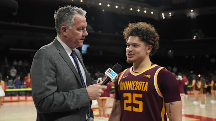 Feb 15, 2025; Los Angeles, California, USA; Big Ten Network analyst Don MacLean (left) interviews Minnesota Golden Gophers guard Lu'Cye Patterson (25) after the game against the Southern California Trojans at the Galen Center. Mandatory Credit: Kirby Lee-Imagn Images Feb 15, 2025; Los Angeles, California, USA; Big Ten Network analyst Don MacLean (left) interviews Minnesota Golden Gophers guard Lu'Cye Patterson (25) after the game against the Southern California Trojans at the Galen Center. Mandatory Credit: Kirby Lee-Imagn Images