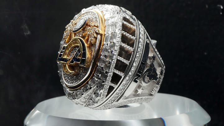 Feb 8, 2025; New Orleans, LA, USA; The Super Bowl 56 ring to commemorate the Los Angeles Rams 23-20 victory over the Cincinnati Bengals in Super Bowl LVI at SoFi Stadium in Inglewood, Calif. on Feb. 12, 2022.  Mandatory Credit: Kirby Lee-Imagn Images