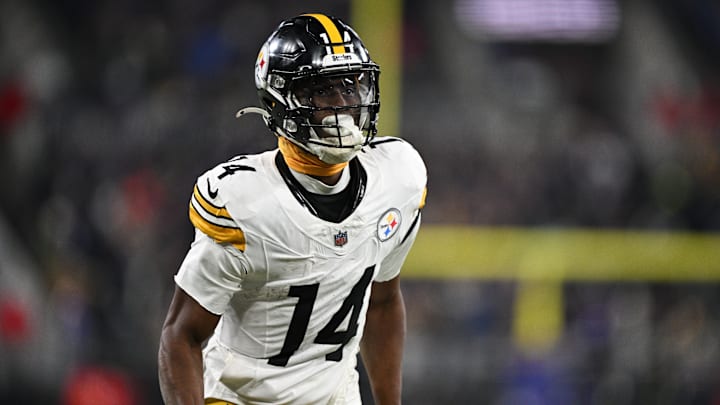 Jan 11, 2025; Baltimore, Maryland, USA; Pittsburgh Steelers wide receiver George Pickens (14) looks on in the third quarter against the Baltimore Ravens in an AFC wild card game at M&T Bank Stadium. Mandatory Credit: Tommy Gilligan-Imagn Images