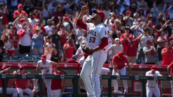 Jul 2, 2023; Anaheim, California, USA; Los Angeles Angels relief pitcher Carlos Estevez (53)