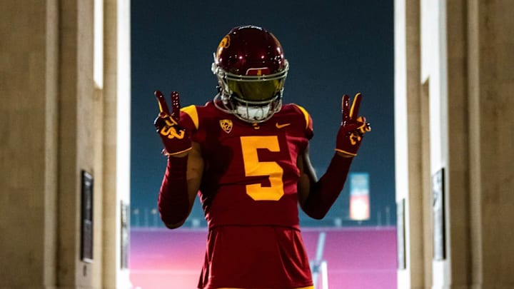 USC freshman linebacker Desman Stephens posing for photo outside the Coliseum on Dec. 19, 2023. USC freshman linebacker Desman Stephens posing for photo outside the Coliseum on Dec. 19, 2023.