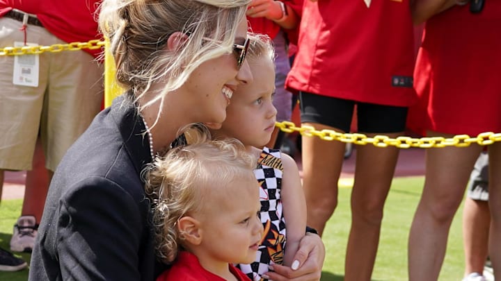 Brittany Mahomes poses with children Bronze and Sterling on field prior to a game between the Kansas City Chiefs and Cincinnati Bengals at GEHA Field at Arrowhead Stadium. Brittany Mahomes poses with children Bronze and Sterling on field prior to a game between the Kansas City Chiefs and Cincinnati Bengals at GEHA Field at Arrowhead Stadium.