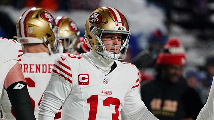 49ers quarterback Brock Purdy warms up before their game against the Bills in Orchard Park on Dec. 1, 2024. 49ers quarterback Brock Purdy warms up before their game against the Bills in Orchard Park on Dec. 1, 2024.