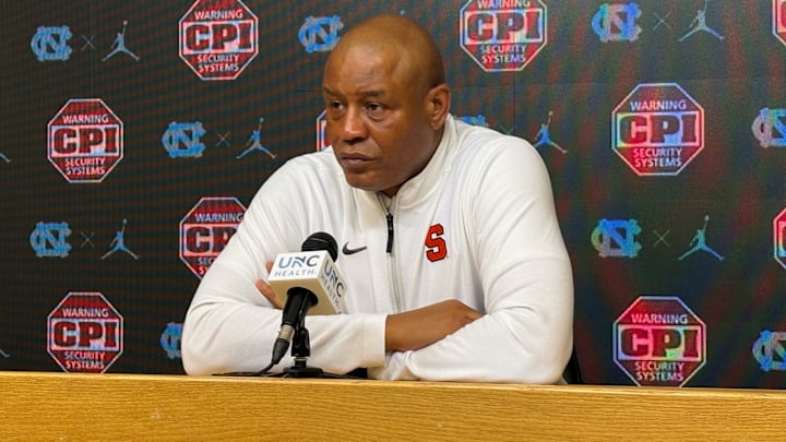 February 2, 2026; Chapel Hill, N.C., USA; Syracuse Orange head coach Adrian Autry addresses the media following Syracuse's 87-77 loss to North Carolina at the Dean E. Smith Center. Mandatory Credit: Brad Bierman, The Juice Online - On SI
