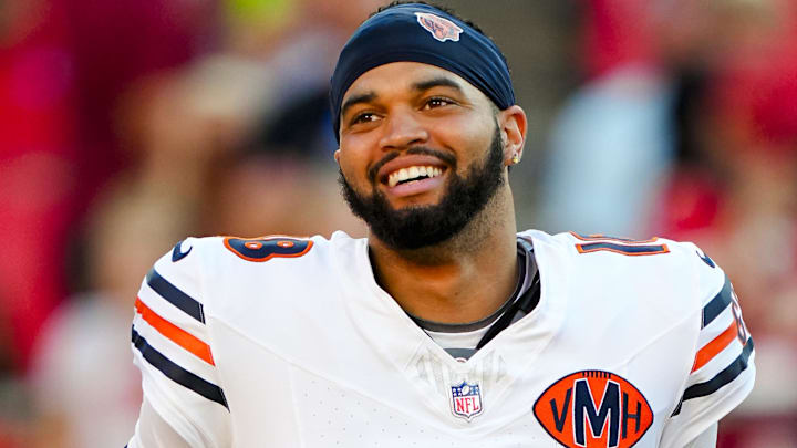 Chicago Bears quarterback Caleb Williams (18) takes the field prior to a game against the Kansas City Chiefs at GEHA Field at Arrowhead Stadium. Chicago Bears quarterback Caleb Williams (18) takes the field prior to a game against the Kansas City Chiefs at GEHA Field at Arrowhead Stadium.