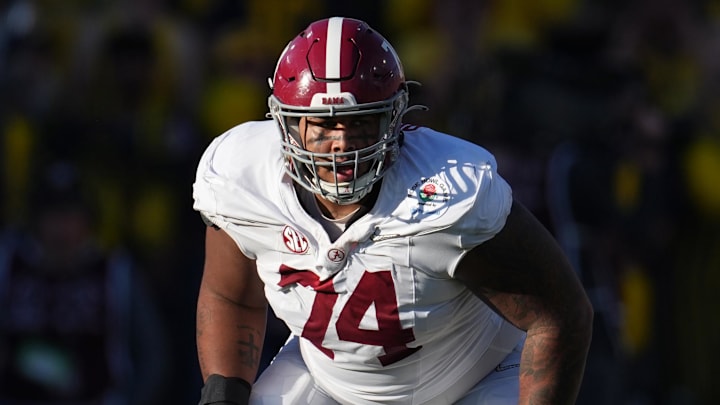 Jan 1, 2024; Pasadena, CA, USA; Alabama Crimson Tide offensive lineman Kadyn Proctor (74) looks on against the Michigan Wolverines during the first half in the 2024 Rose Bowl college football playoff semifinal game at Rose Bowl. Mandatory Credit: Kirby Lee-Imagn Images