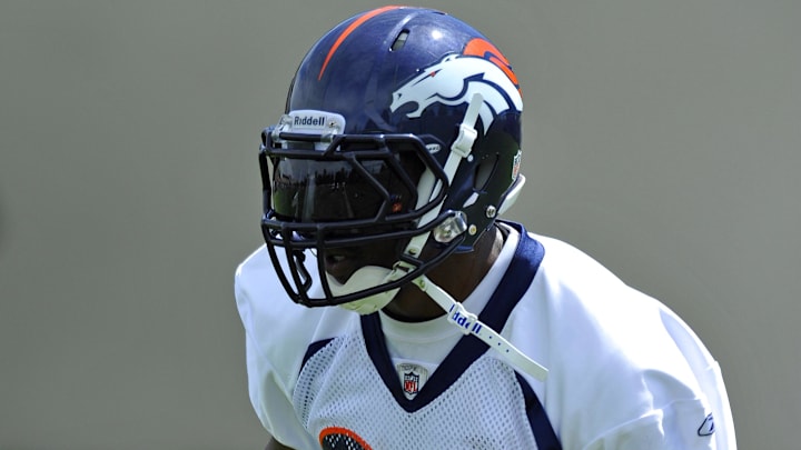 May 27, 2010; Englewood, CO, USA; Denver Broncos running back Correll Buckhalter (28) during organized team activities held at the Denver Broncos practice facility. Mandatory Credit: Ron Chenoy-Imagn Images