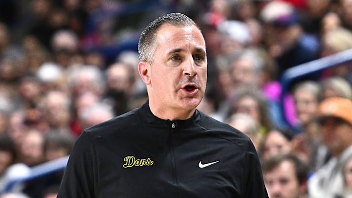 San Francisco Dons head coach Chris Gerlufsen looks on during a game against the Gonzaga Bulldogs.