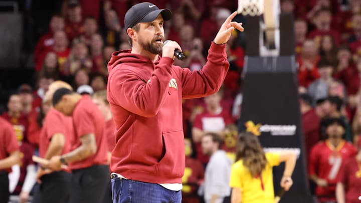 Dec 11, 2025; Ames, Iowa, USA;  Iowa State Cyclones new football coach Jimmy Rogers speaks during the Cyclones game with the Iowa Hawkeyes during the first half at James H. Hilton Coliseum.