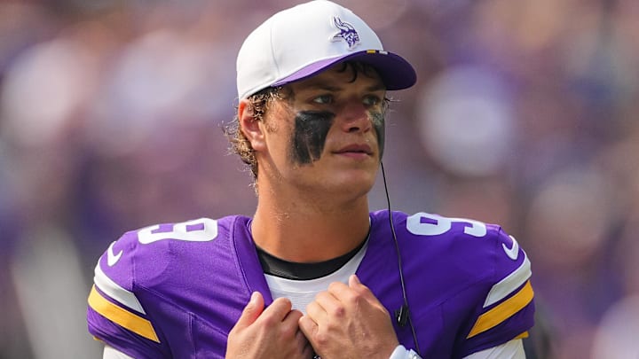 Minnesota Vikings quarterback J.J. McCarthy (9) on the sideline against the Houston Texans in the second quarter at U.S. Bank Stadium. Minnesota Vikings quarterback J.J. McCarthy (9) on the sideline against the Houston Texans in the second quarter at U.S. Bank Stadium.