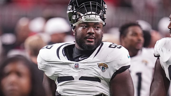 Aug 23, 2024; Atlanta, Georgia, USA; Jacksonville Jaguars defensive tackle Jordan Jefferson (98) shown on the field against the Atlanta Falcons at Mercedes-Benz Stadium. Mandatory Credit: Dale Zanine-Imagn Images
