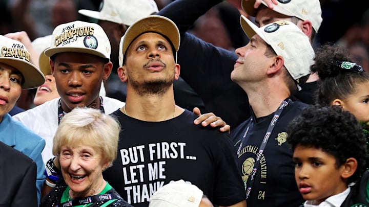 Jun 17, 2024; Boston, Massachusetts, USA; Boston Celtics head coach Joe Mazzulla celebrates after beating the Dallas Mavericks in game five of the 2024 NBA Finals to win the NBA Championship at TD Garden. Mandatory Credit: Peter Casey-USA TODAY Sports