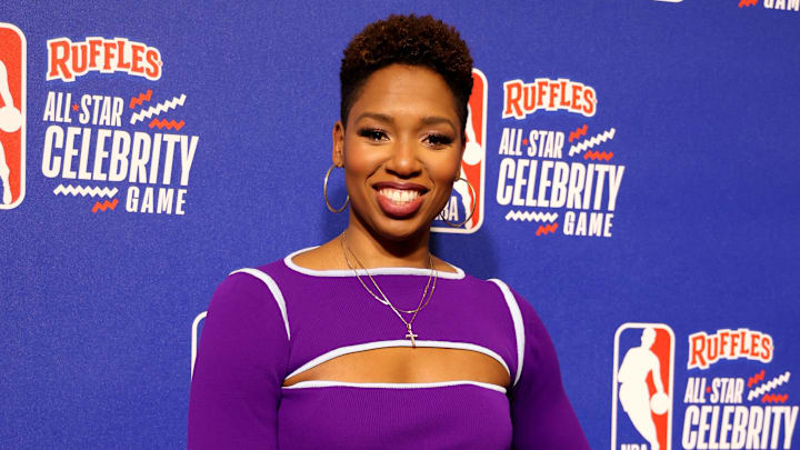 Feb 16, 2024; Indianapolis, IN, USA; ESPN analyst Monica McNutt on the red carpet before the All Star Celebrity Game at Lucas Oil Stadium. Mandatory Credit: Trevor Ruszkowski-Imagn Images