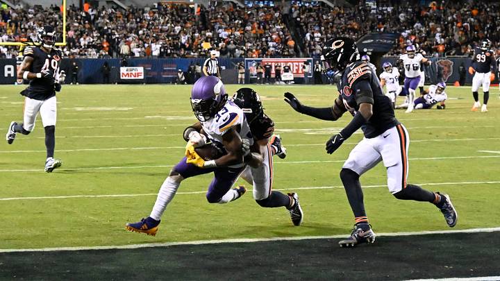 Vikings running back Aaron Jones hauls in a touchdown pass against the Bears in last year's opener at Soldier Field. Vikings running back Aaron Jones hauls in a touchdown pass against the Bears in last year's opener at Soldier Field.