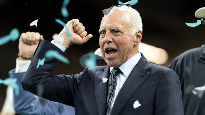 Philadelphia Eagles owner Jeffrey Lurie celebrates after defeating the Kansas City Chiefs in Super Bowl LIX.