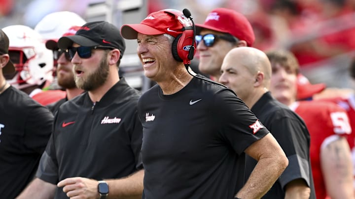 Oct 18, 2025; Houston, Texas, USA; Houston Cougars head coach Willie Fritz looks on during the third quarter against the Arizona Wildcats at TDECU Stadium. 