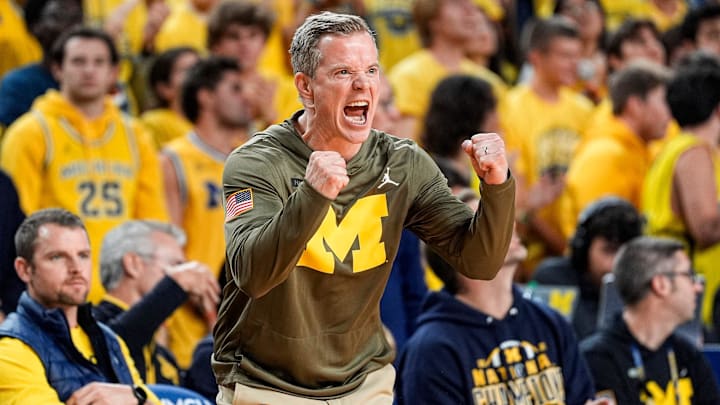Michigan head coach Dusty May reacts to a play against Middle Tennessee during the second half at Crisler Center in Ann Arbor on Wednesday, November 19, 2025.