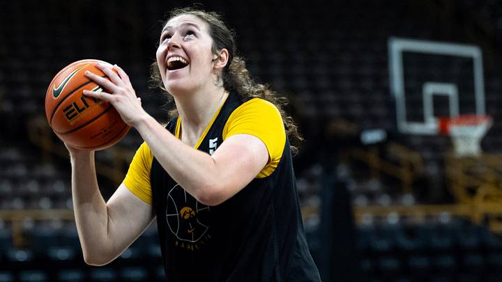 Iowa center Ava Heiden (5) looks to score during practice June 25, 2026 at Carver-Hawkeye Arena in Iowa City, Iowa.