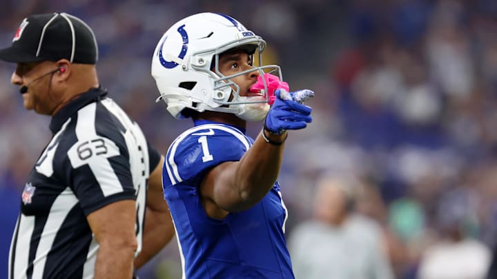 Oct 5, 2025; Indianapolis, Indiana, USA; Indianapolis Colts wide receiver Josh Downs (1) reacts after a play against the Las Vegas Raiders during the first quarter at Lucas Oil Stadium. Oct 5, 2025; Indianapolis, Indiana, USA; Indianapolis Colts wide receiver Josh Downs (1) reacts after a play against the Las Vegas Raiders during the first quarter at Lucas Oil Stadium.