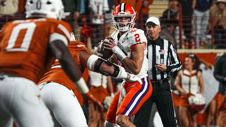 Clemson quarterback Cade Klubnik (2) throws a pass during the game against the Texas Longhorns in the first round of the College Football Playoffs at Darrell K Royal-Texas Memorial Stadium on Saturday, Dec. 21, 2024.