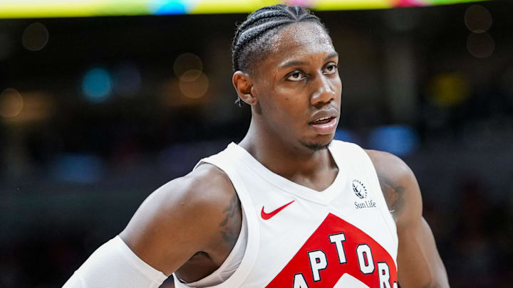Toronto Raptors forward/guard RJ Barrett (9) looks on against the Brooklyn Nets during the second half at Scotiabank Arena. Toronto Raptors forward/guard RJ Barrett (9) looks on against the Brooklyn Nets during the second half at Scotiabank Arena.