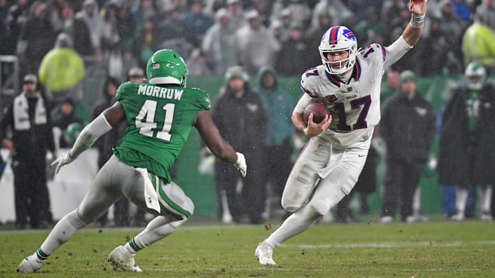 Nov 26, 2023; Philadelphia, Pennsylvania, USA; Buffalo Bills quarterback Josh Allen (17) and Philadelphia Eagles linebacker Nicholas Morrow (41).