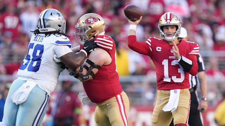 October 8, 2023; Santa Clara, California, USA; San Francisco 49ers quarterback Brock Purdy (13) passes the football against the Dallas Cowboys during the first quarter at Levi's Stadium. Mandatory Credit: Kyle Terada-Imagn Images