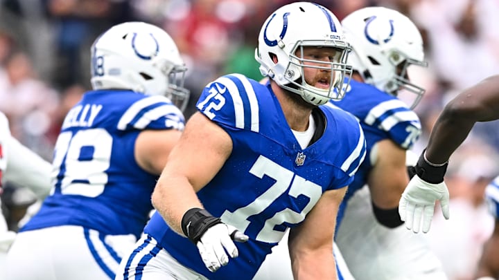Sep 17, 2023; Houston, Texas, USA; Indianapolis Colts offensive tackle Braden Smith (72) in action during the first half against the Houston Texans at NRG Stadium. Mandatory Credit: Maria Lysaker-Imagn Images