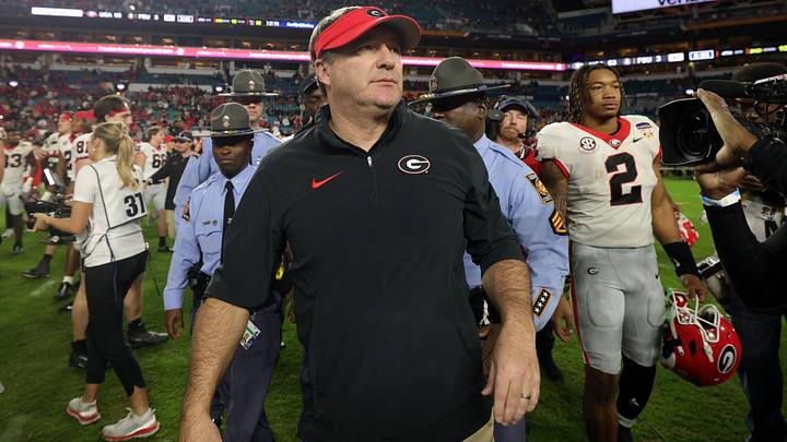 Dec 30, 2023; Miami Gardens, FL, USA; Georgia Bulldogs head coach Kirby Smart reacts after defeating the Florida State Seminoles in the 2023 Orange Bowl at Hard Rock Stadium. Mandatory Credit: Nathan Ray Seebeck-Imagn Images