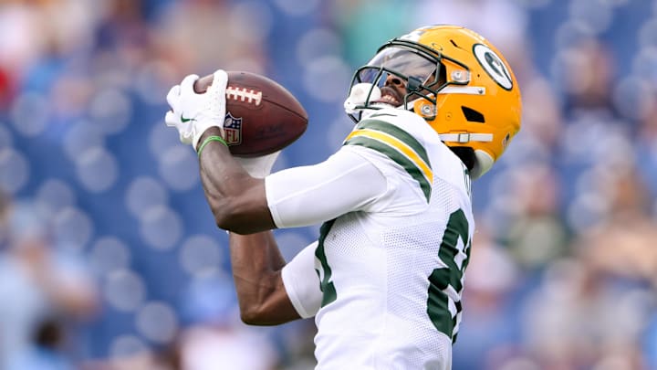 Green Bay Packers wide receiver Romeo Doubs (87) makes a catch against the Tennessee Titans during pregame warmups at Nissan Stadium. 