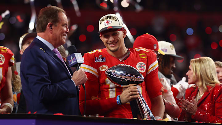 Feb 11, 2024; Paradise, Nevada, USA; Kansas City Chiefs quarterback Patrick Mahomes (15) celebrates