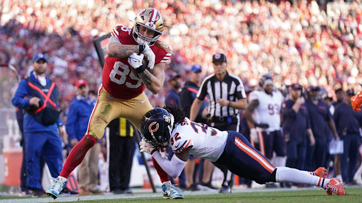 Terell Smith of the Bears pushes 49ers tight end George Kittle out of bounds after a catch in Sunday's game. Terell Smith of the Bears pushes 49ers tight end George Kittle out of bounds after a catch in Sunday's game.
