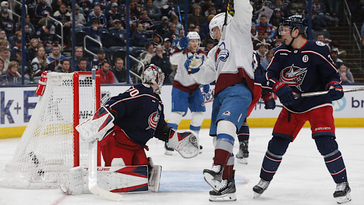 Apr 3, 2025; Columbus, Ohio, USA; Colorado Avalanche defenseman Devon Toews (7) (not pictured) shot beats Columbus Blue Jackets goalie Elvis Merzlikins (90) for a goal during the third period at Nationwide Arena. Mandatory Credit: Russell LaBounty-Imagn Images