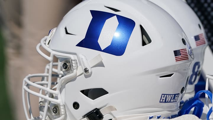 Sep 24, 2022; Lawrence, Kansas, USA; A general view of a Duke Blue Devils helmet against the Kansas Jayhawks during the second half of the game at David Booth Kansas Memorial Stadium. Mandatory Credit: Denny Medley-Imagn Images