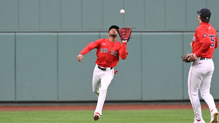 Sep 22, 2024; Boston, MA, USA;  Boston Red Sox center fielder Ceddanne Rafaela (43) makes a catch for an out against the Minnesota Twins during the first inning at Fenway Park. Mandatory Credit: Eric Canha-Imagn Images
