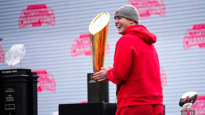 Ohio State Buckeyes quarterback Will Howard (18) takes the stage during Ohio State's national championship celebration at Ohio Stadium on Sunday, Jan. 26, 2025 in Columbus, Ohio. Ohio State Buckeyes quarterback Will Howard (18) takes the stage during Ohio State's national championship celebration at Ohio Stadium on Sunday, Jan. 26, 2025 in Columbus, Ohio.