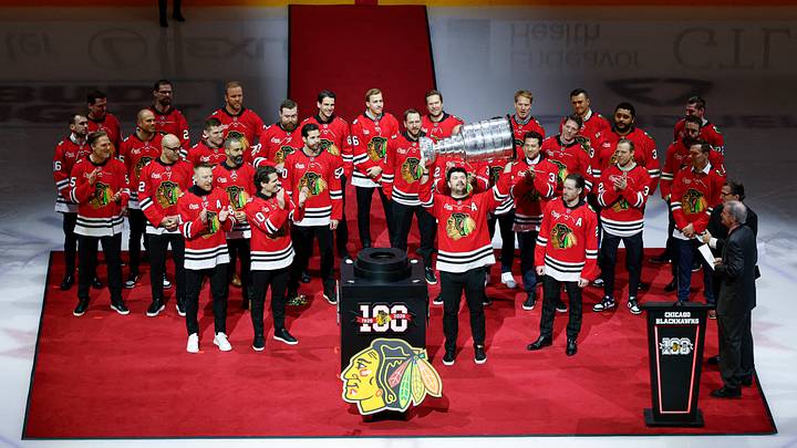 Jan 17, 2026; Chicago, Illinois, USA; Members of the 2010, 2013 and 2015 Chicago Blackhawks Stanley Cup Champions being honored before an NHL hockey game between the Chicago Blackhawks and Boston Bruins at United Center. Mandatory Credit: Kamil Krzaczynski-Imagn Images