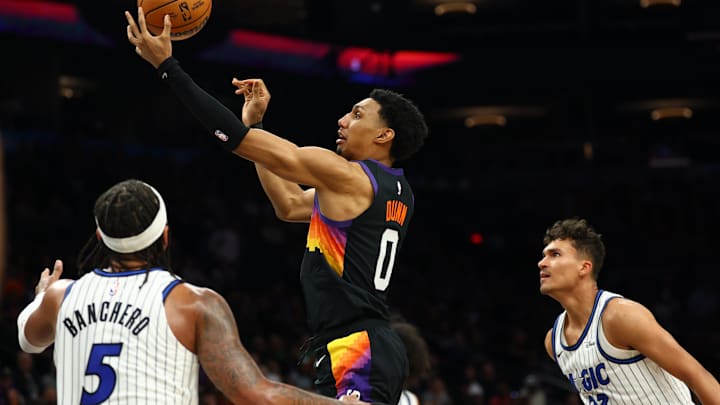 Feb 21, 2026; Phoenix, Arizona, USA; Phoenix Suns forward Ryan Dunn (0) drives to the basket against the Orlando Magic in the first half at Mortgage Matchup Center. Mandatory Credit: Mark J. Rebilas-Imagn Images Feb 21, 2026; Phoenix, Arizona, USA; Phoenix Suns forward Ryan Dunn (0) drives to the basket against the Orlando Magic in the first half at Mortgage Matchup Center. Mandatory Credit: Mark J. Rebilas-Imagn Images