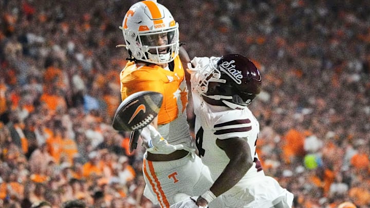 Nov 9, 2024; Knoxville, Tennessee, USA; Tennessee Volunteers wide receiver Chris Brazzell II (17) cannot catch a pass against Mississippi State Bulldogs cornerback Brice Pollock (14) during the first half at Neyland Stadium. Mandatory Credit: Saul Young/USA TODAY Network via Imagn Images