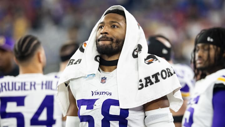 Jan 13, 2025; Glendale, AZ, USA; Minnesota Vikings linebacker Jonathan Greenard (58) against the Los Angeles Rams during an NFC wild card game at State Farm Stadium. Mandatory Credit: Mark J. Rebilas-Imagn Images Jan 13, 2025; Glendale, AZ, USA; Minnesota Vikings linebacker Jonathan Greenard (58) against the Los Angeles Rams during an NFC wild card game at State Farm Stadium. Mandatory Credit: Mark J. Rebilas-Imagn Images