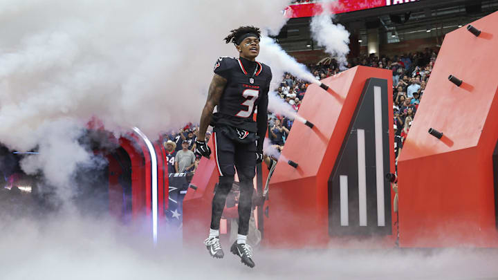 Dec 15, 2024; Houston Texans wide receiver Tank Dell (3) runs onto the field before the game against the Miami Dolphins at NRG Stadium. Mandatory Credit: Troy Taormina-Imagn Images
