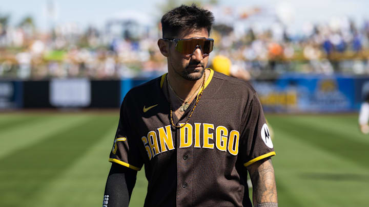 Feb 22, 2026; Peoria, Arizona, USA; San Diego Padres outfielder Nick Castellanos against the Los Angeles Dodgers during a spring training game at Peoria Sports Complex. Mandatory Credit: Mark J. Rebilas-Imagn Images Feb 22, 2026; Peoria, Arizona, USA; San Diego Padres outfielder Nick Castellanos against the Los Angeles Dodgers during a spring training game at Peoria Sports Complex. Mandatory Credit: Mark J. Rebilas-Imagn Images