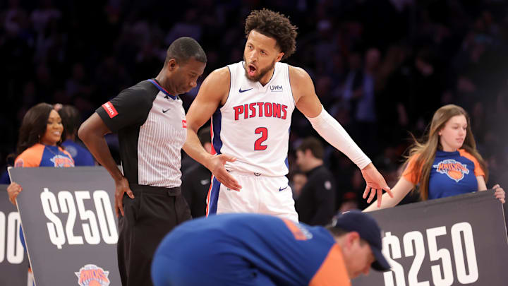 Feb 26, 2024; New York, New York, USA; Detroit Pistons guard Cade Cunningham (2) argues with referee James Williams (60) between the third and fourth quarters against the New York Knicks at Madison Square Garden. Mandatory Credit: Brad Penner-Imagn Images