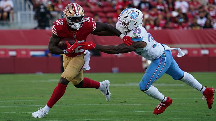 Aug 13, 2026; Santa Clara, California, USA; San Francisco 49ers running back Patrick Taylor Jr. (32) is pursued by Tennessee Titans linebacker Cedric Gray (33) in the first quarter at Levi's Stadium. Mandatory Credit: David Gonzales-Imagn Images Aug 13, 2026; Santa Clara, California, USA; San Francisco 49ers running back Patrick Taylor Jr. (32) is pursued by Tennessee Titans linebacker Cedric Gray (33) in the first quarter at Levi's Stadium. Mandatory Credit: David Gonzales-Imagn Images